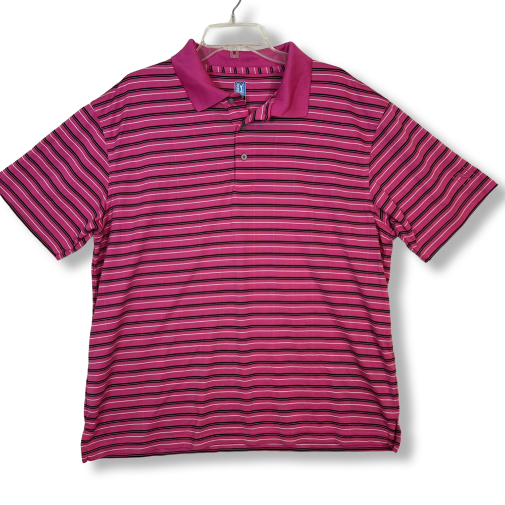 PGA Tour Men's Polo Shirt XL Pink/Black Stripe Golf 3-Button Short Sleeve M86